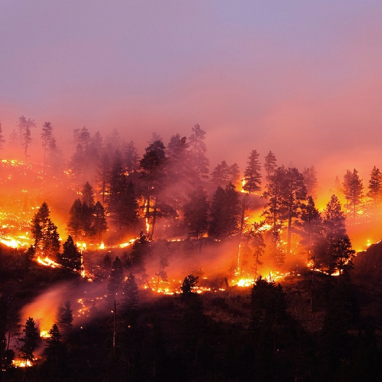 UK wildfires burning through a forest at night, with flames, smoke, and an orange sky behind the trees.