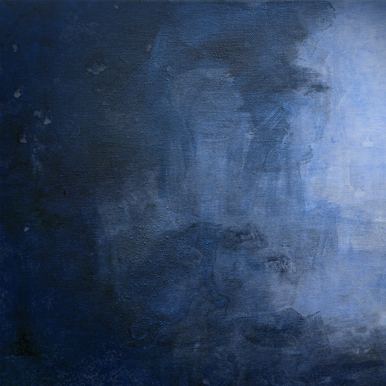 Abstract blue painting with textured brush strokes.
