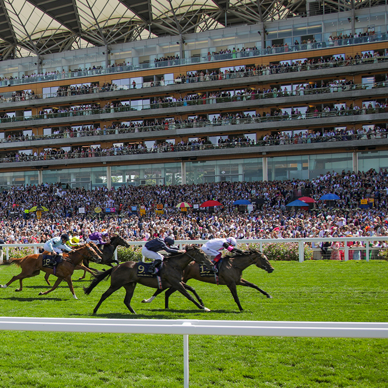 A vibrant scene at Royal Ascot, showcasing horses racing on a lush green track with a large crowd of spectators in the grandstand, enjoying the excitement of the event.